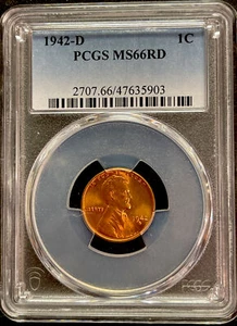 1942-D LINCOLN WHEAT CENT PENNY PCGS MS 66 RD WWII ERA COIN ENN COIN & CARDS - Picture 1 of 2