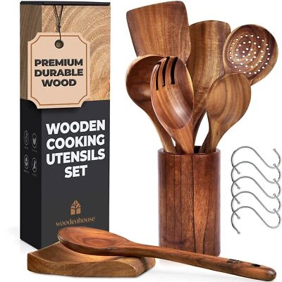 Wooden Spoons for Cooking – Wooden Utensils for Cooking Set with Holder, S - Image 1 of 4