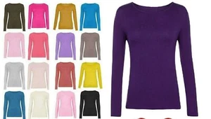 Women Long Sleeve Plain Round Scoop Neck T Shirts , Stretch T Shirt for Ladies - Picture 1 of 30