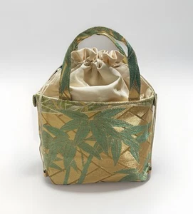 VTG Japanese Kimono Obi Tote Bag 2WAY Handmade Upcycled Gold Bamboo Purse - Picture 1 of 13
