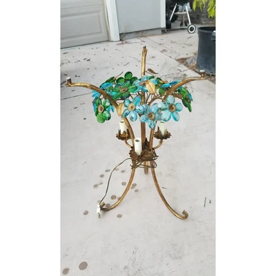 Vintage French Hollywood Regency Tole Gilt Lighted Side Table Glass Flowers - Image 1 of 4
