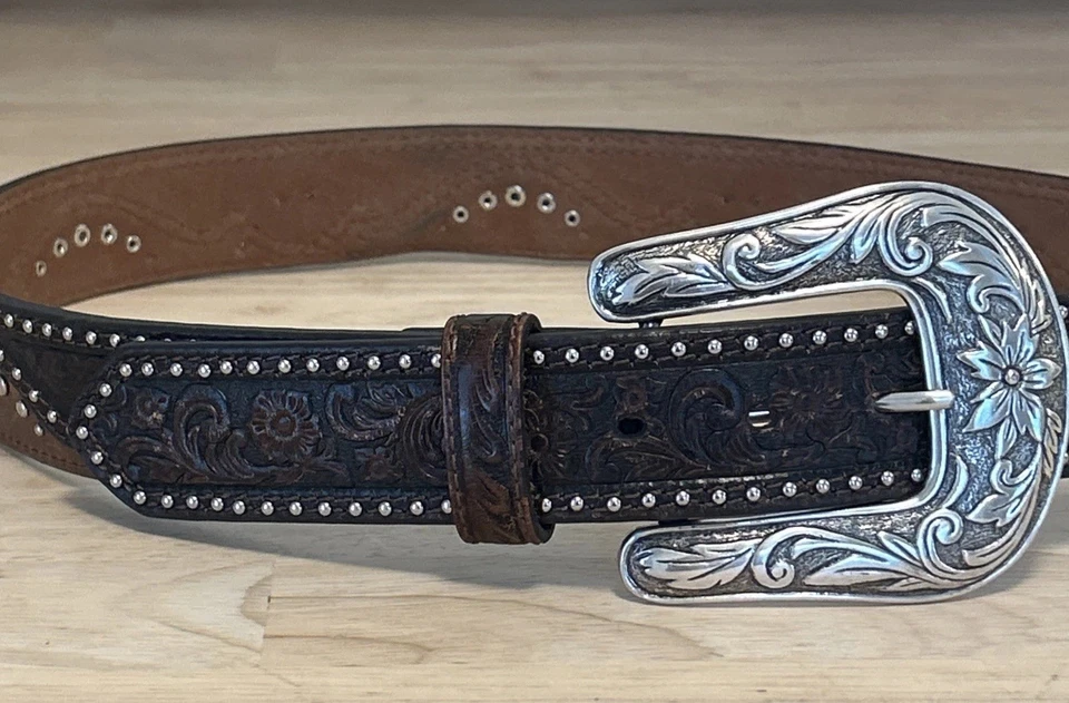 Ariat Western Mujer M Cinturón Cuero Tachonado Estrás Marrón 1.5” Foto 1 de 4