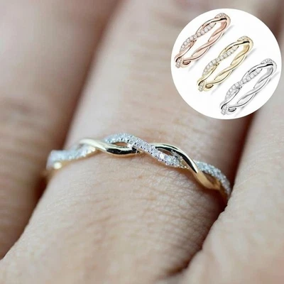 Anillo de eternidad retorcido apilable para mujer oro rosa plata banda promesa regalo pareja Foto 1 de 4
