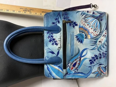 Bolsa tote Anuschka feminina de couro pintada à mão azul floral - Imagem 1 de 4
