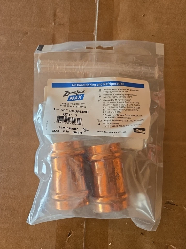 Parker Zoomlock Max Crimp Connect Refrigerant Fittings 1-1/8" Coupler 870507 2pk