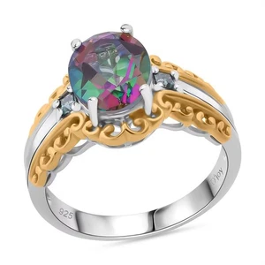 Grüner mystischer Topas & blauer Moissanit Ring 18K Vermeil & Rhodium über Sterling Si - Bild 1 von 6