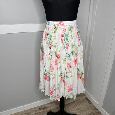 Falda midi plisada floral Ann Taylor talla 4 blanca rosa azul verde forrada Foto 1 de 4