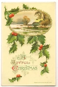 Edward Lowey Scenic Oval Holly Embossed Gold Gilt Joyful Christmas Postcard - Picture 1 of 1