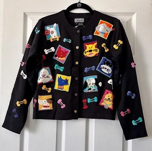 VTG Berek Takako 2 Women’s Black Multi Sweater Dogs Bones Sweater Cardigan Small - Picture 1 of 12