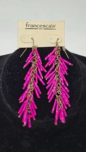 Francesca's Gold Tone Chain w/ Long Pink Beaded Tassel 3" Dangle Earrings - Picture 1 of 5