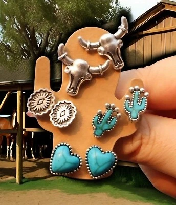 Lote de 4 pares de pendientes turquesa con poste de pasador de acero inoxidable de joyería estilo occidental Foto 1 de 4