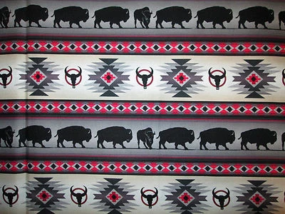 Navajo Indian Totem Buffalo Border Red Black Gray Cotton Fabric BTHY - Image 1 of 4