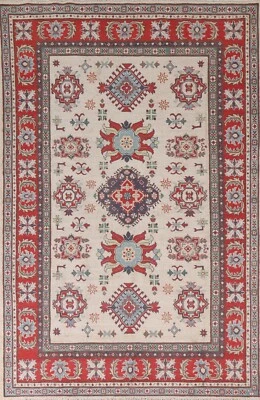 Geometric Ivory/ Red Super Kazak Oriental Area Rug 6'x9' Wool Hand-made Carpet - Image 1 of 4