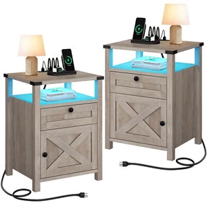 Poruace Nightstand Set of 2 End BedSide Table with Power Station & LED Lights - Picture 1 of 10