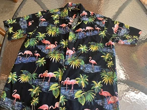 Pacific Legend Apparel Mens Hawaiian Shirt Pink Flamingos Black Vintage XL pocke - Picture 1 of 5