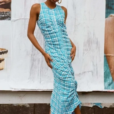 WRAY NYC Josephine Dress - Ocean Gingham Check Size 3XL NWT Ruched Textured Midi - Image 1 of 4