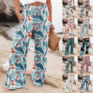 Womens Floral Palazzo Trousers Elastic Waist Bottoms Pants Flared Harem - Picture 1 of 23