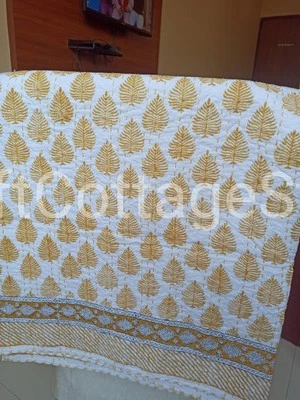 Colcha Kantha india hecha a mano hoja amarilla manta con estampado de bloques tamaño king Foto 1 de 4