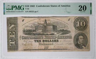 T-50 1862 $10 Richmond Confederate States of America Currency PMG VF 20 - Image 1 of 2