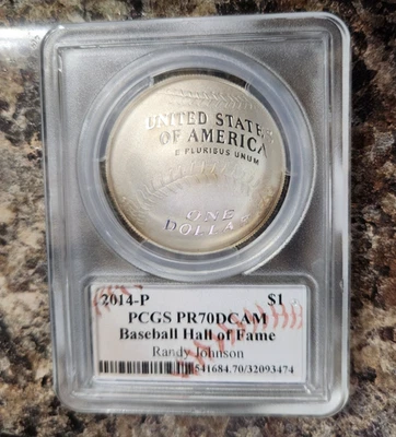 2014-P Baseball Hall of Fame silver dollar PR 70 DCAM Randy Johnson - Image 1 of 2