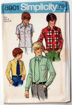 Boys Front Button Shirt & Tie Pattern Simplicity 8901 Size 8 1970's Vintage - Image 1 of 2