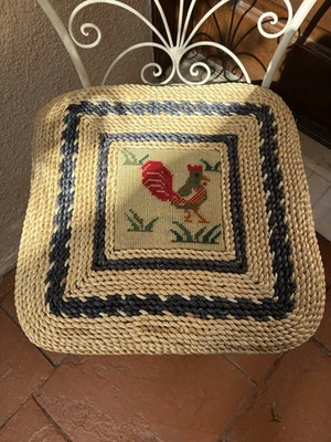 Country Woven Cornhusk Chair Cushion W/ Rooster Needlepoint Design - Image 1 of 3