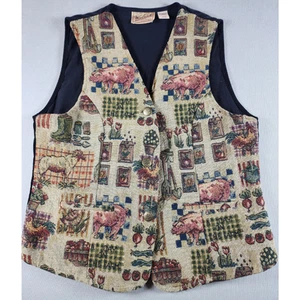 Vtg Woolrich Vest Farm Animals Tapestry Corduroy Womens L Buttons Grandma - Picture 1 of 6