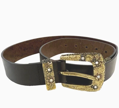 Tanner Women's Leather Belt W/ Rhinestones Gold Glitter Buckle and Tip Large - Imagem 1 de 4