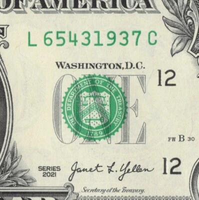 Four Digit Ladder Fancy Serial Number One Dollar Bill L65431937C Year Note 1937 - Image 1 of 4