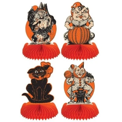 Beistle Vintage Halloween 4 Pack 9in Tissue Centerpieces Witch Creepy Clowns Cat - Image 1 of 4