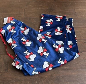 Snoopy With Red Bow tie Mens Pajama Pants Christmas New Blue Sz L - Picture 1 of 1