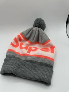 SUPERDRY WINTER POMPOM HAT GRAY/WHITE/ORANGE RETRO UNISEX BEANIE EXCELLENT COND - Picture 1 of 7