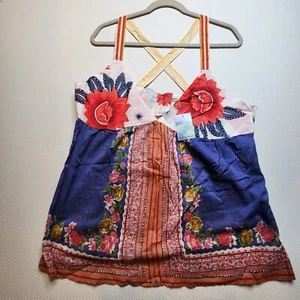 Blue Plate Womens Camisole Top XXL Blue Red Floral Button Back 100% Cotton NEW - Picture 1 of 9