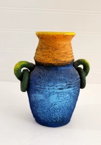 Rustic Accent Vase Urn Rings 2 Handles Pottery Painted Blue Green Yellow 6" - Picture 1 of 17