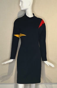 Vintage LOUIS FERAUD Mock Turtle Color Block BLACK Wool Double Knit Dress Size 6 - Picture 1 of 11