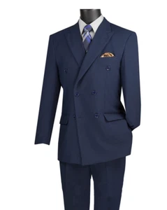 Navy Vinci Men Solid Color Double Breasted Regular Fit Suit Elastic Waist - Picture 1 of 5