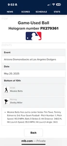 RARE 1/1 GAME USED BASEBALL DODGERS VS ARIZONA MOOKIE BETTS 5/20/25 MLB - Picture 1 of 2