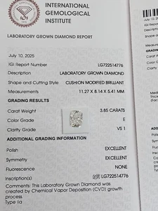 Lab Grown 3.85 Carats VS1 E Cushion Modified Brilliant Cut w/ IGI - Picture 1 of 2