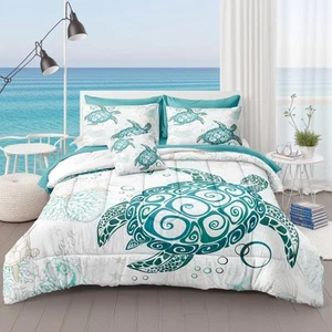 Sea Turtle Bedding Set 8 Pieces Bed in a Bag Queen Size Teal Blue Ocean Style... - Picture 1 of 8