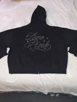 NUEVO CON ETIQUETAS SUDADERA CON CAPUCHA VICTORIA'S SECRET ROSA HIEDRA POLAR CAMPUS BLING CREMALLERA COMPLETA GRANDE NEGRA Foto 1 de 4