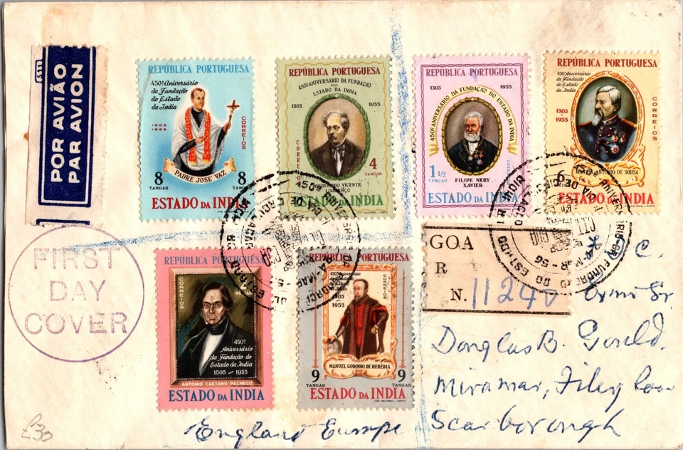 1956 GOA Portuguese India Airmail FDC Received Mark Cover to England - Image 1 of 2