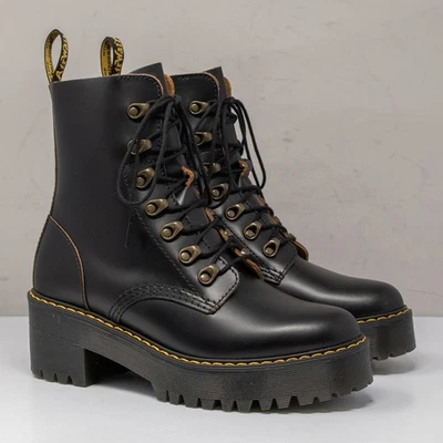 Dr Martens Leona Smooth Black Leather Heeled Boots, Women's 8 US (6 UK) - Image 1 of 4
