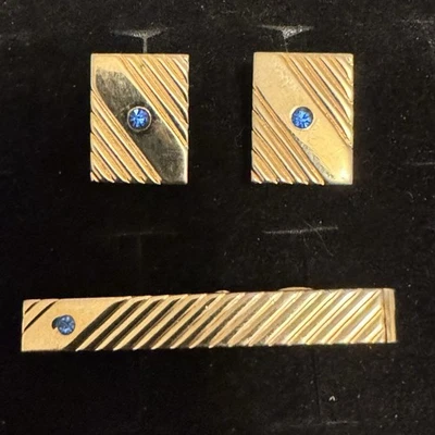 Gemelos chapados en oro amarillo piedra azul zafiro vintage con cierre de corbata C003  Foto 1 de 4