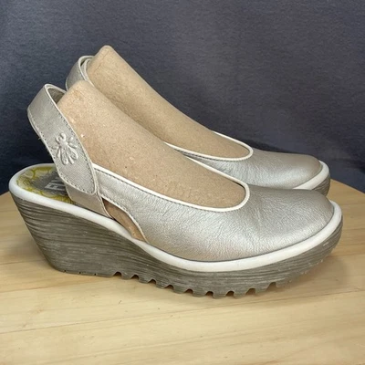 Fly London Slingback Wedge Sandal W7 EU37 Gold Metallic Leather Comfort Insect - Image 1 of 4