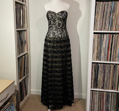 VTG 90s Sue Wong Nocturne Black Vampy Beaded Lace Drop Waist Corset Gown Dress 4 - Image 1 of 4
