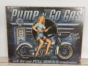 Pump and Go Gas Pin Up Girl Motorcycle Metal Tin Sign Garage Art Man Cave - Picture 1 of 1