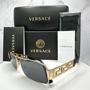 Gafas de sol Versace doradas rectangulares con logotipo de metal negras retro Italia 100 % auténticas - Imagen 1 de 23