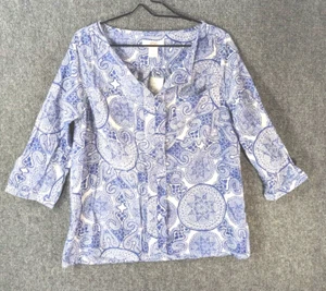JOE FRESH Blouse Womens Blue White Paisley Medium 3/4 Sleeve Tunic Shirt Top M - Picture 1 of 10