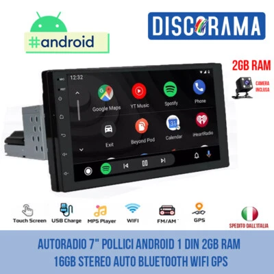 AUTORADIO 7" POLLICI ANDROID 1 DIN 2GB RAM 16GB STEREO AUTO BLUETOOTH WIFI GPS - Immagine 1 di 4