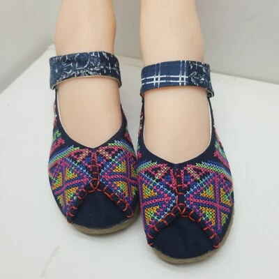 Talla 8.5 - 9 Bordados Punto de Cruz Mary Jane Zapatos Cuña Tribal Étnico Hmong Foto 1 de 4